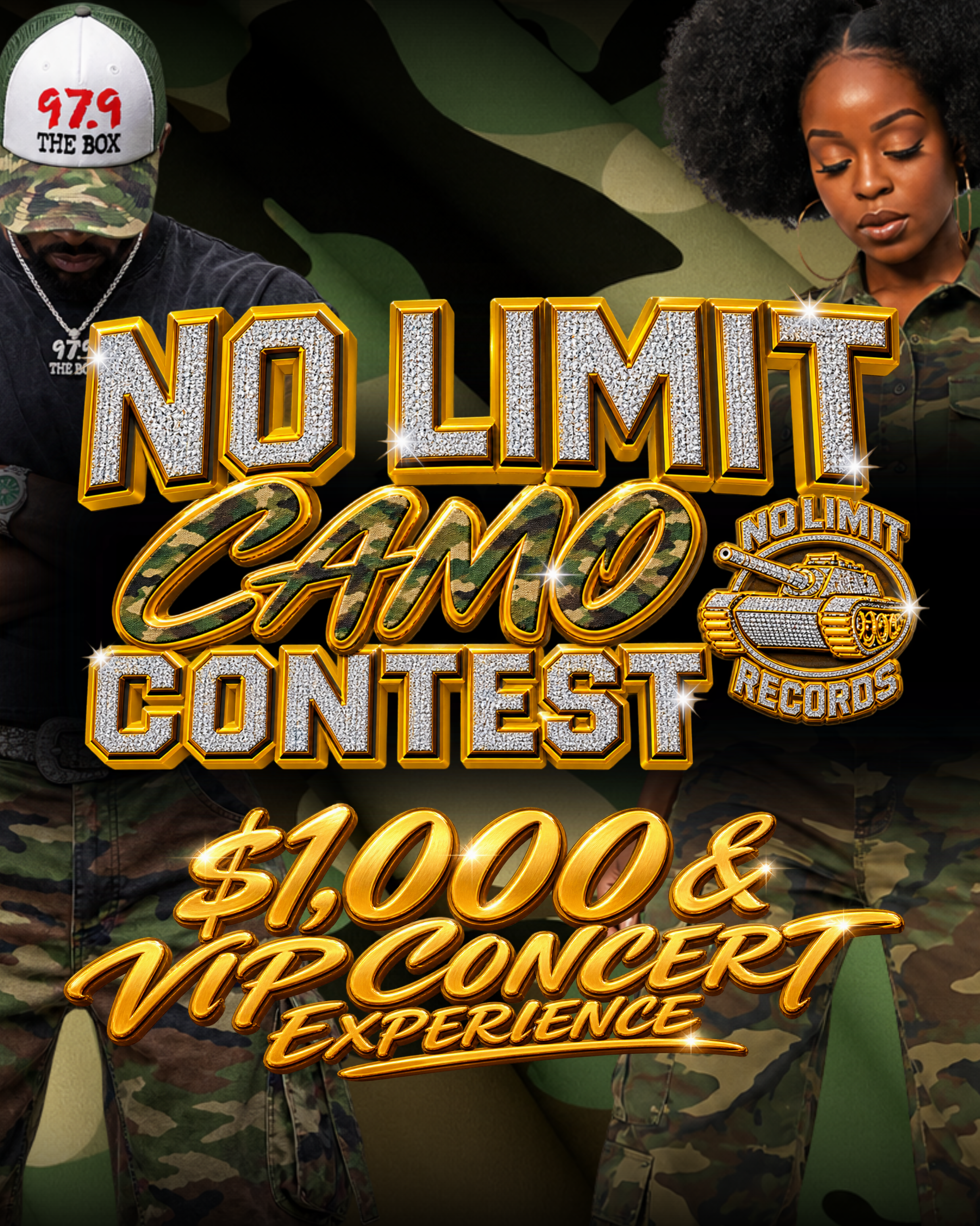 A person wearing a camouflage jacket and a hat with "97.9 THE BOX" logo, standing next to a person with curly hair wearing a black jacket. Text in the image reads "NO LIMIT CAMO CONTEST $1,000 & VIP CONCERT EXPERIENCE".