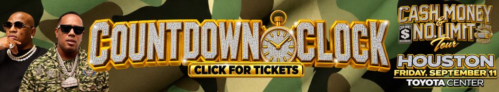 Countdown clock graphic with "Cash Money No Limit Tour" text and details for a concert event at the Toyota Center in Houston, Texas on September 11.