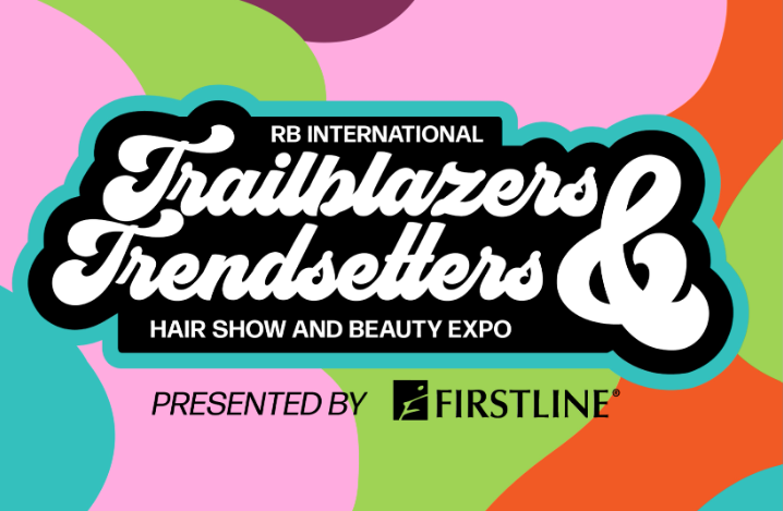 Colorful abstract design with text "RB INTERNATIONAL Trailblazers & Trendsetters HAIR SHOW AND BEAUTY EXPO PRESENTED BY FIRSTLINE" and "NRG STADIUM SEP 06 2026".