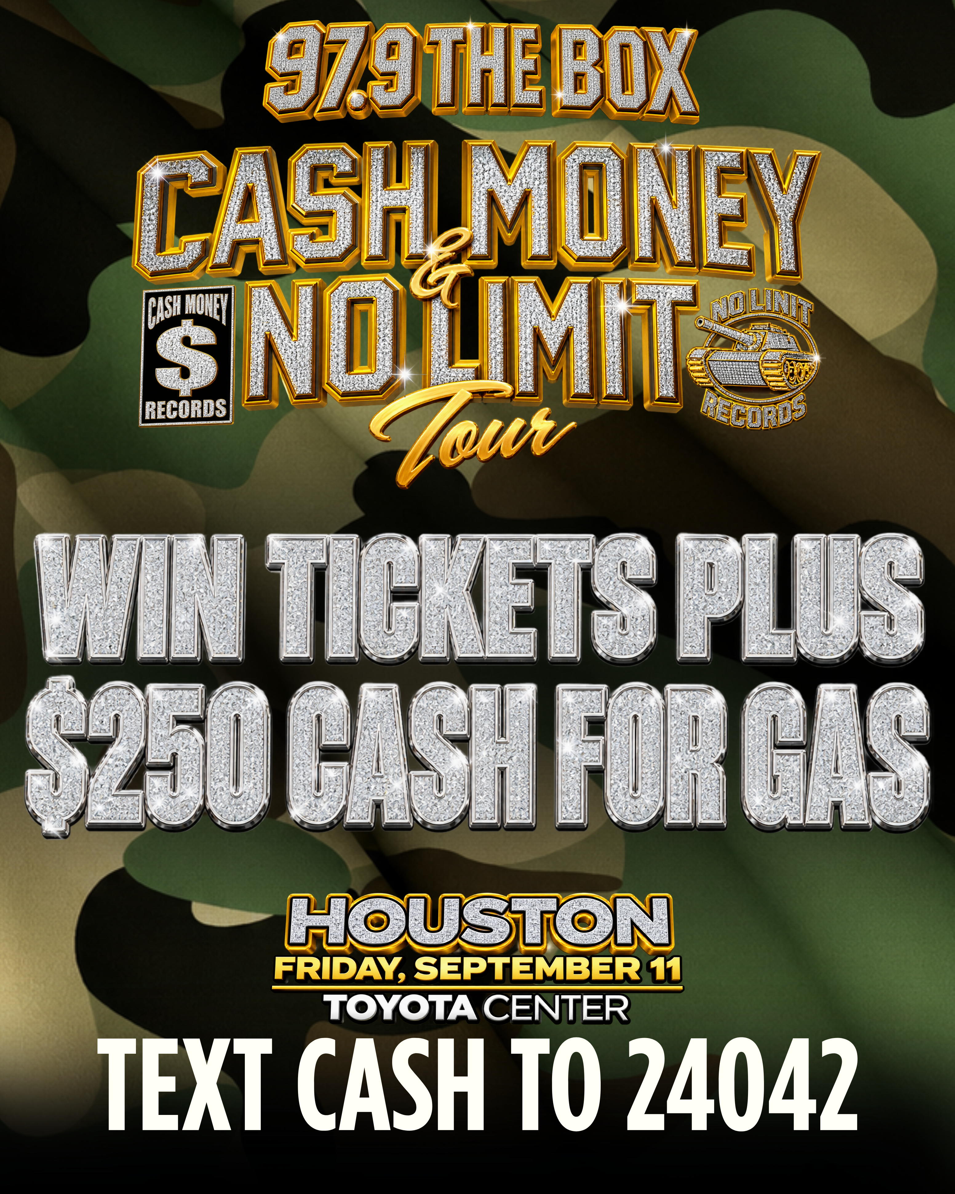 97.9 The Box Cash Money & No Limit Tour poster advertising a concert in Houston on September 11 at the Toyota Center, with details on ticket prices and how to text for more information.