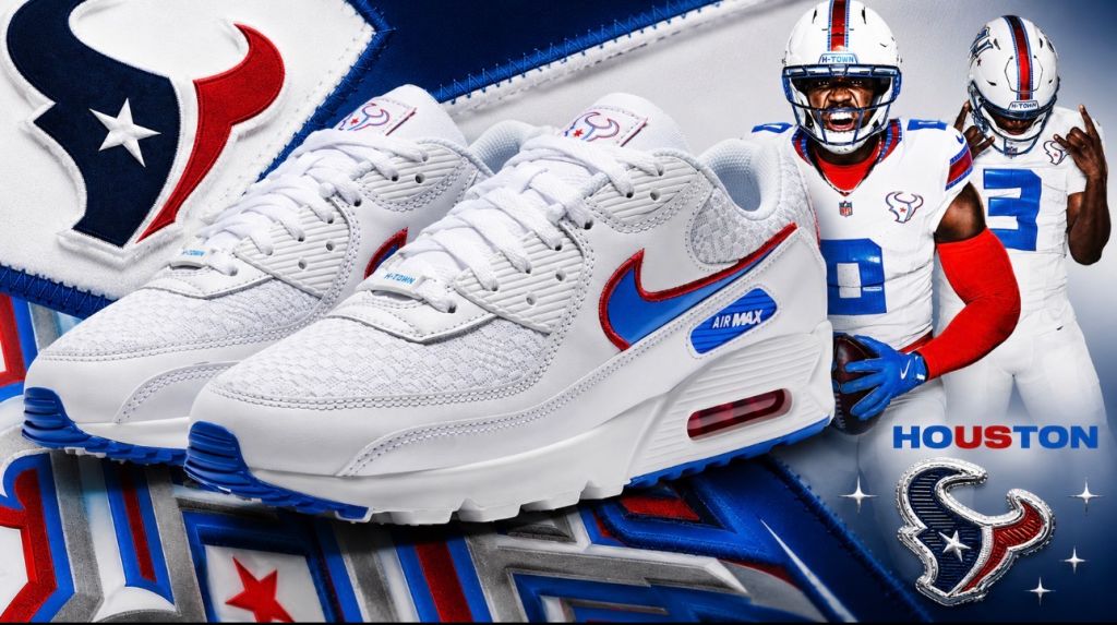 White Nike Air Max 90 sneakers with blue and red accents, alongside a Houston Texans football player in uniform.