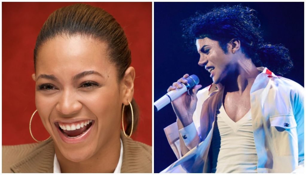 A smiling woman with hoop earrings and a woman singing into a microphone on stage.