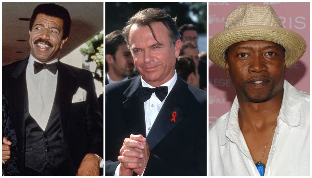 Three men in formal attire: a smiling Black man in a tuxedo, a man in a tuxedo with a red ribbon, and a man in a straw hat.